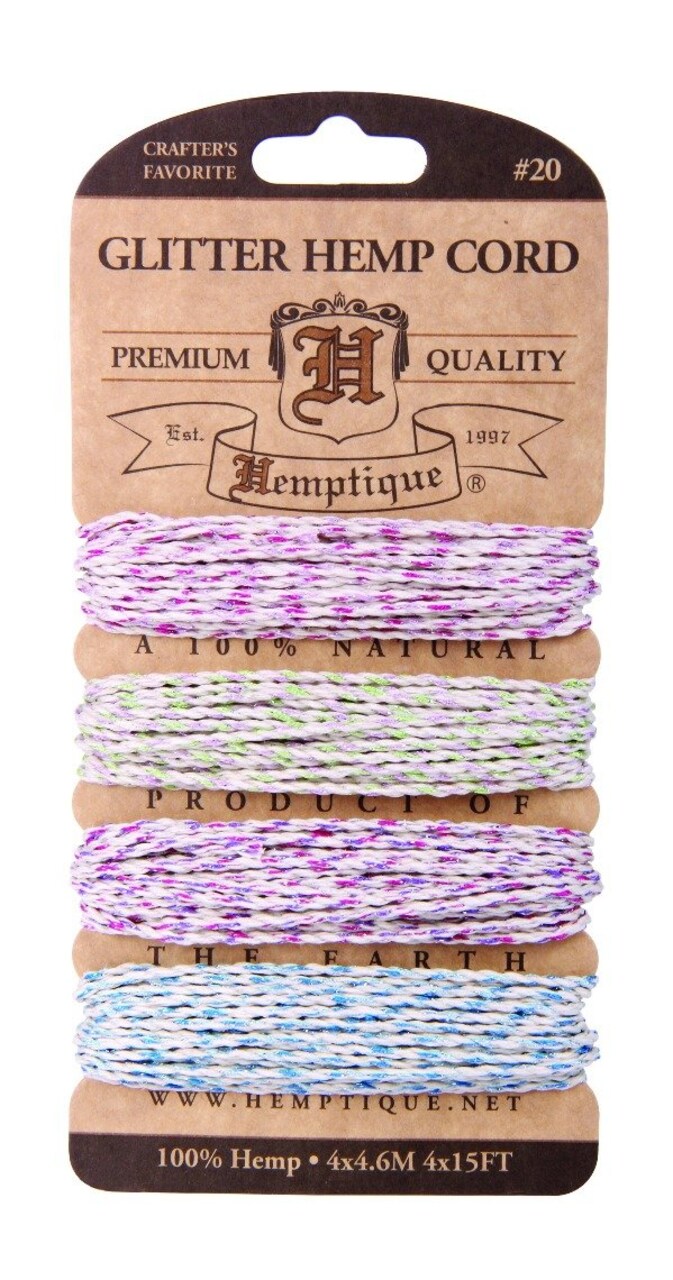 Hemptique 1mm #20 Variegated Metallic & Glitter Hemp Cord Card Set Eco Friendly Sustainable Naturally Grown Jewelry Bracelet Making Paper Crafting Scrapbooking Bookbinding Mixed Media Crocheting Macrame Seasonal Holiday Gift Wrapping Outdoor Garden